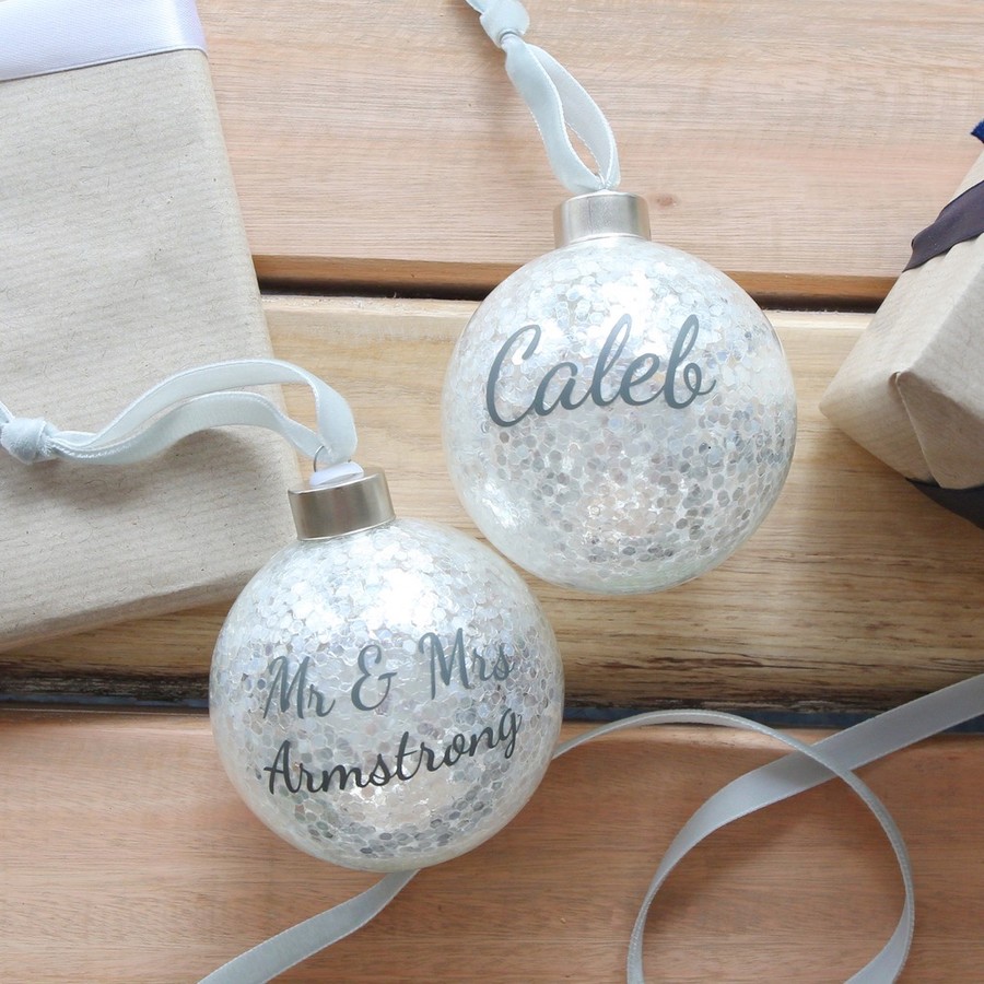 Personalised Silver Name Glitter Bauble Christmas Lisa Angel