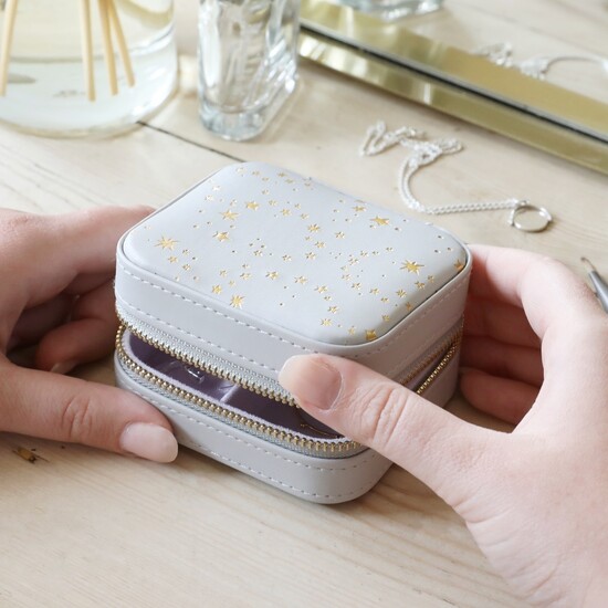 Grey with Gold Stars & Lilac Small Square Travel Jewellery Case