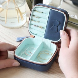 Mini Square Travel Jewellery Box in Navy and Mint Green
