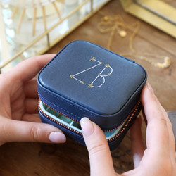 Personalised Starry Initials Mini Square Travel Jewellery Box in Navy
