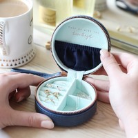 Mini Round Travel Jewellery Case in Navy and Mint Green