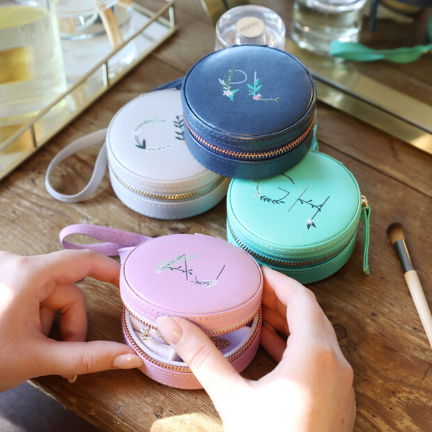 Personalised Floral Initials Mini Round Travel Jewellery Case Personalised Floral Initials Mini Round Travel Jewellery Case