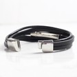 Men's Black Layered Leather Stainless Steel Tube Bracelet Clasp