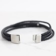 Men's Braided Black Leather Stainless Steel Plaque Bracelet Clasp