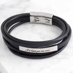Men's Personalised Black Layered Leather Stainless Steel Tube Bracelet