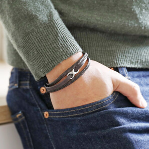 Men's Brown Leather Stainless Steel Infinity Bracelet