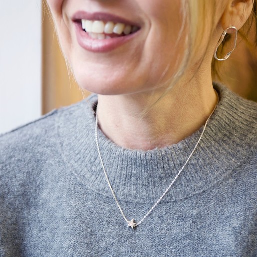 Women's Star Bead Necklace in Silver on Model