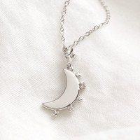 Crystal Edge Moon Pendant Necklace in Silver