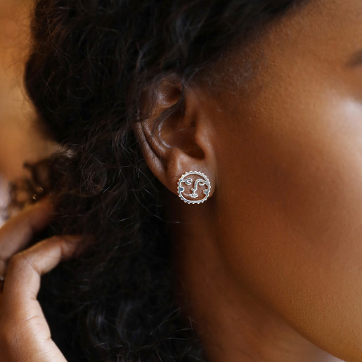Sunshine Face Stud Earrings in Silver on Model