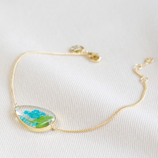 Lisa Angel Blue Pressed Birth Flower Charm Bracelet in Gold