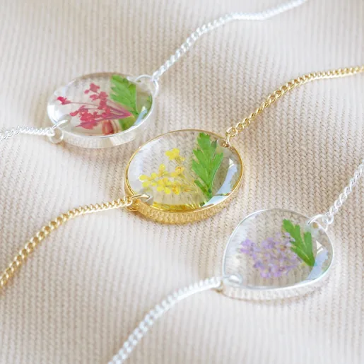 Pressed Birth Flower Charm Bracelet in Silver With Gold Version