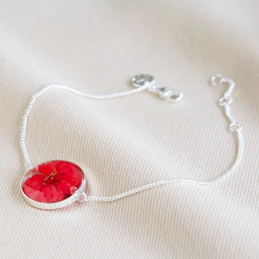 Pressed Birth Flower Charm Bracelet in Silver on Natural Material