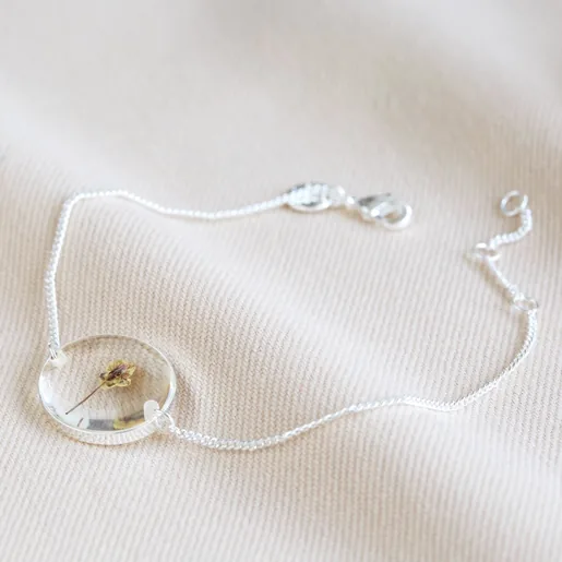 Pressed Birth Flower Charm Bracelet in Silver on Fabric