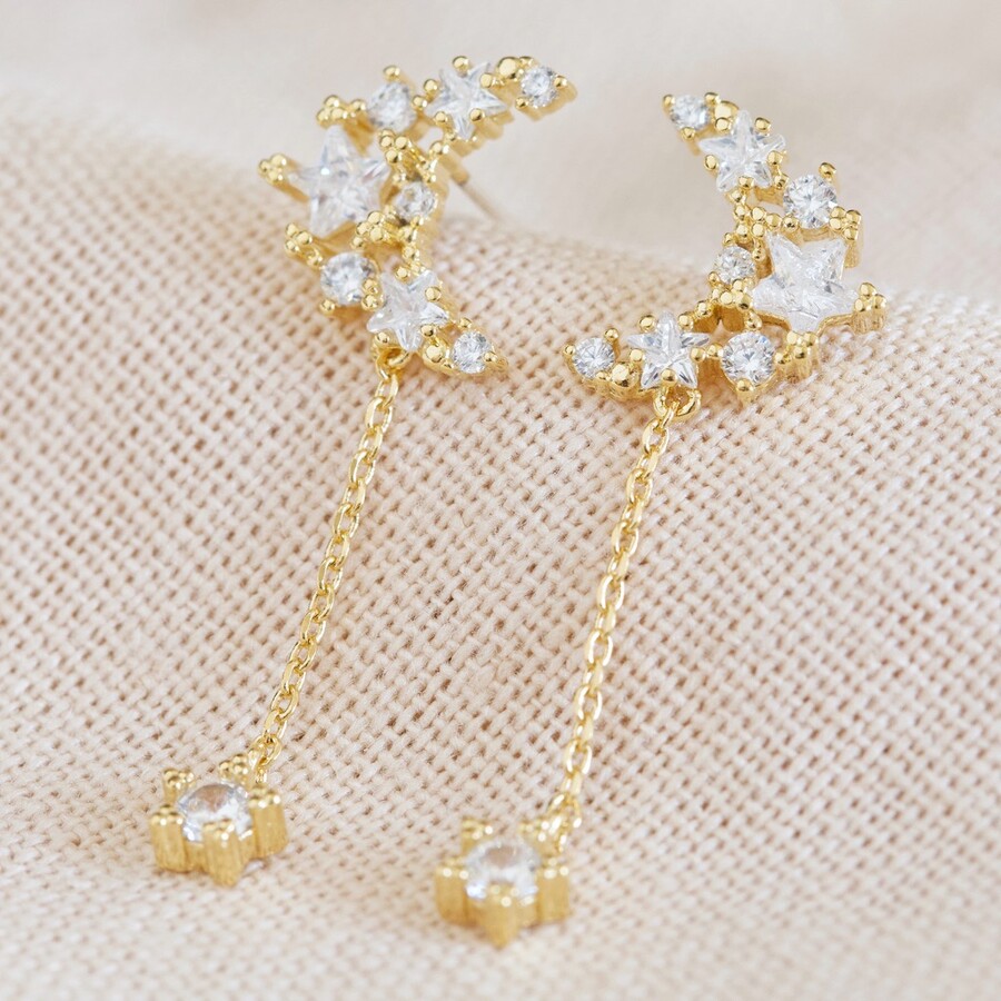 Crystal Moon and Star Charm Drop Earrings in Gold | Lisa Angel