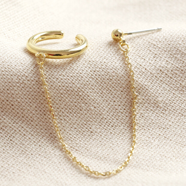 Ear Cuff and Chain Stud Earring in Gold 