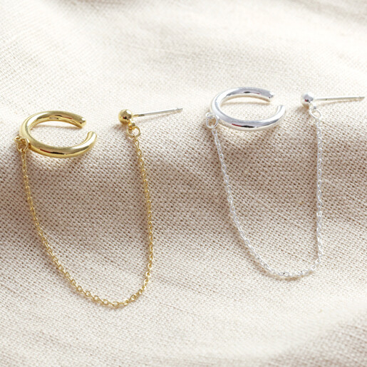 Ear Cuff and Chain Stud Earring in Gold 
