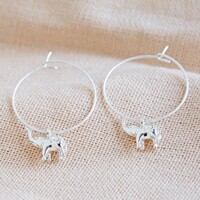 Elephant Charm Hoop Earrings in Silver