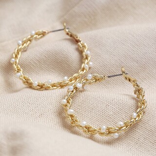 Large Twisted Gold Pearl Hoop Earrings