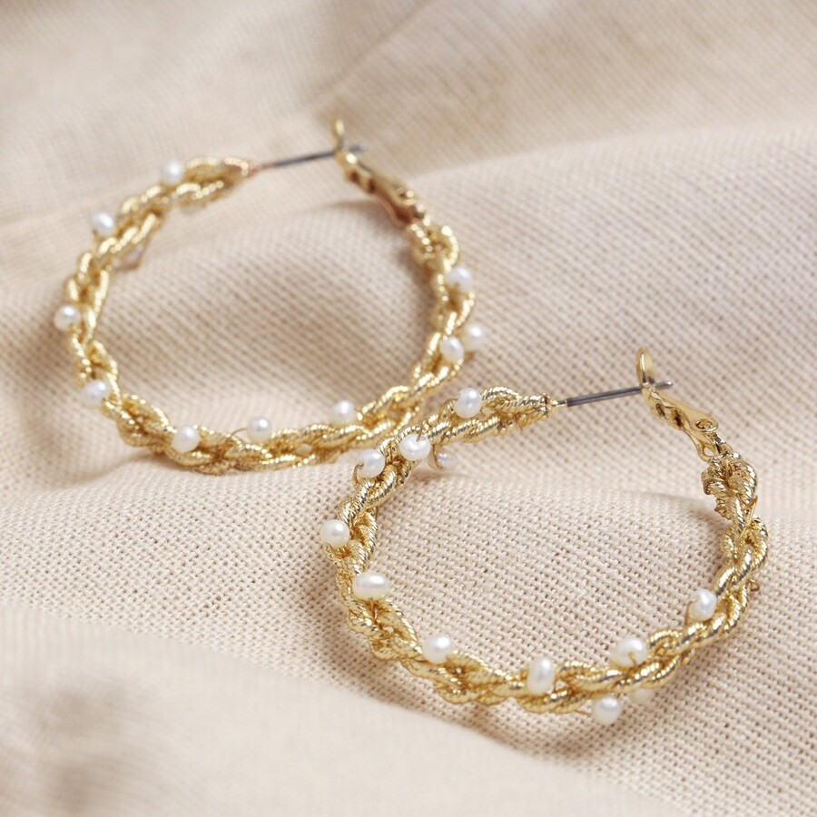 Large Twisted Gold Pearl Hoop Earrings Lisa Angel