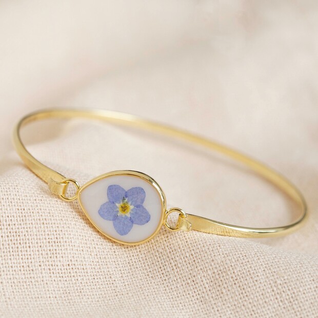 Real Pressed Forget Me Not Flower Bangle in Gold Real Pressed Forget Me Not Flower Bangle in Gold