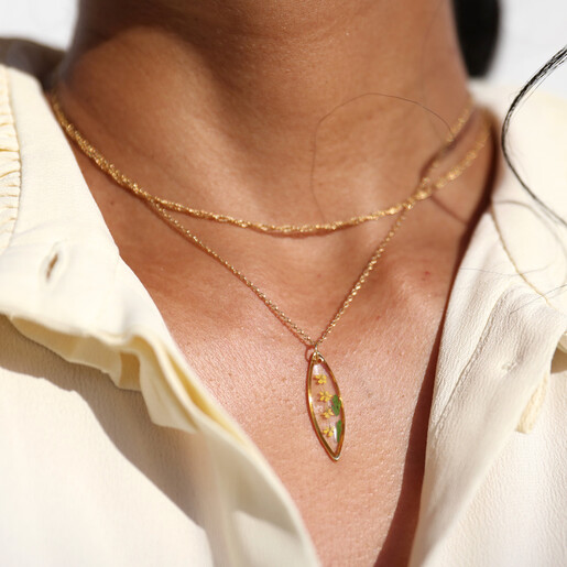 Pressed Yellow Flowers Pendant Necklace in Gold on Model