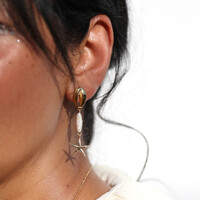 Long Pearl and Starfish Drop Earrings in Gold