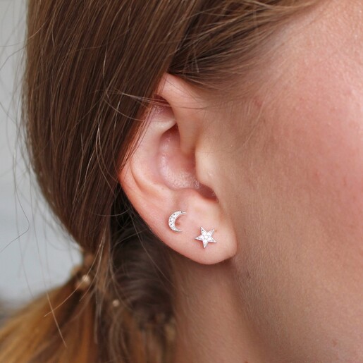 Sterling Silver Single Moon & Single Star CZ Stud Earrings