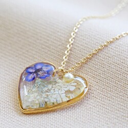 Pressed Flower Heart Pendant Necklace in Gold