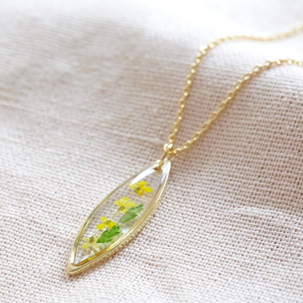 Pressed Yellow Flowers Pendant Necklace in Gold Pressed Yellow Flowers Pendant Necklace in Gold