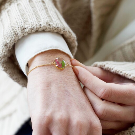 Pressed Birth Flower Charm Bracelet in Gold on Model