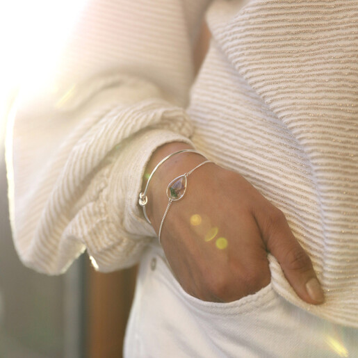 Bracelet on Model Model Wearing Pressed Birth Flower Charm Bracelet in Silver