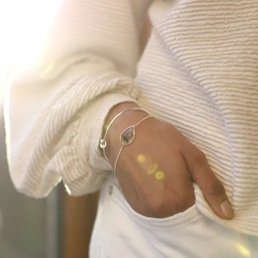 Model Wearing Pressed Birth Flower Charm Bracelet in Silver