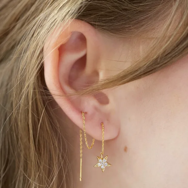 Thread Through Moon and Star Chain Earrings in Gold Thread Through Moon and Star Chain Earrings in Gold