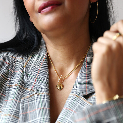 Toggle and Heart Charm Necklace in Gold on Model