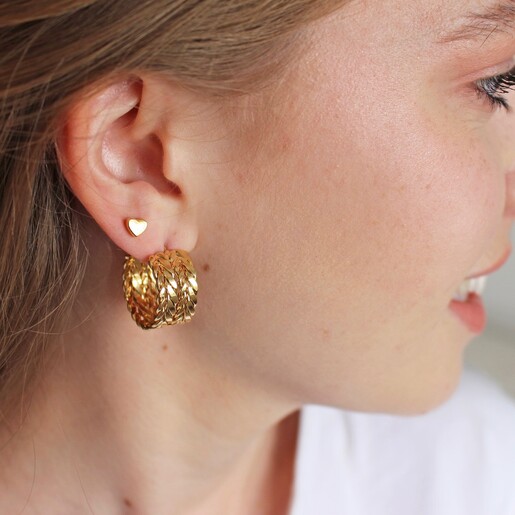 Wide Double Chain Hoop Earrings in Gold on Model