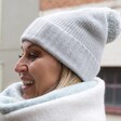 Lisa Angel Ladies' Soft Knit Bobble Hat in Grey on Model