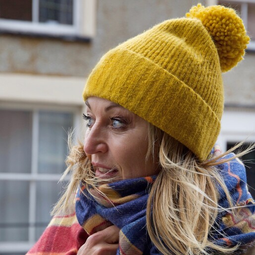 mustard yellow bobble hat