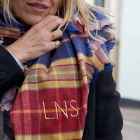Personalised Embroidered Blue and Red Tartan Scarf