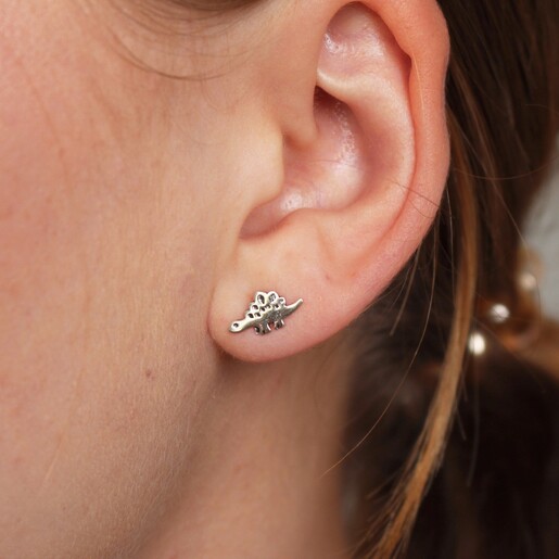 Sterling Silver Stegosaurus Dinosaur Stud Earrings on Model