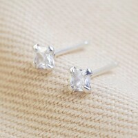 Tiny Sterling Silver Square Crystal Stud Earrings