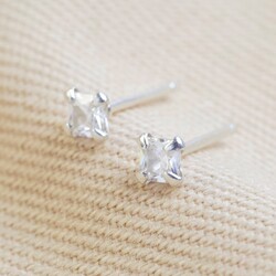 Tiny Sterling Silver Square Crystal Stud Earrings
