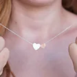 Women's Brushed Double Heart Necklace in Silver & Rose Gold on Model