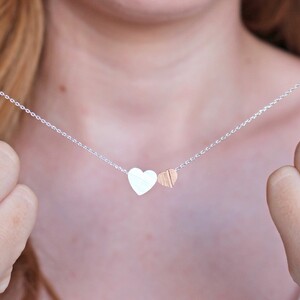 Brushed Double Heart Necklace in Silver & Rose Gold