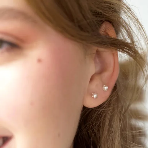 Teen's Double Pearl Stud Chain Earring in Silver on Model