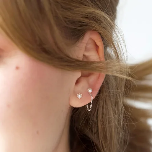 Girls Double Pearl Stud Chain Earring in Silver on Model