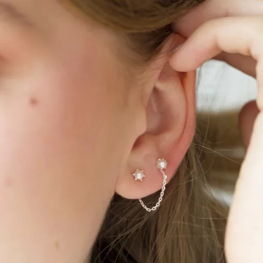 Unique Double Pearl Stud Chain Earring in Silver on Model