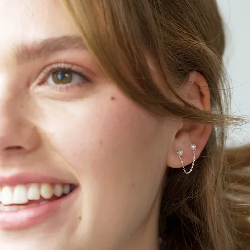 Ladies' Double Pearl Stud Chain Earring in Silver on Model