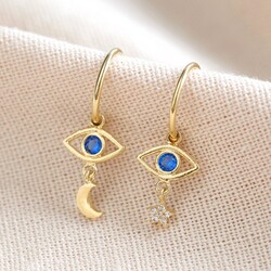 Crystal Eye Star and Moon Charm Hoop Earrings in Gold