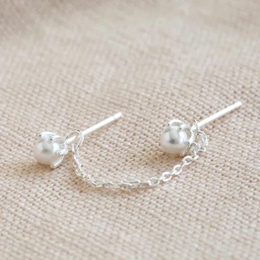 Lisa Angel Delicate Double Pearl Stud Chain Earring in Silver