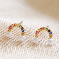 Pearl and Crystal Rainbow Stud Earrings in Gold